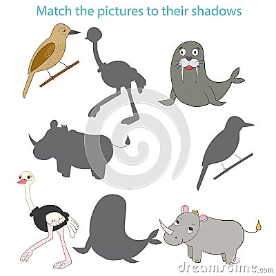 Match the pictures to their shadows child game Vector Illustration