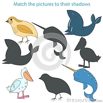 Match the pictures to their shadows child game Vector Illustration