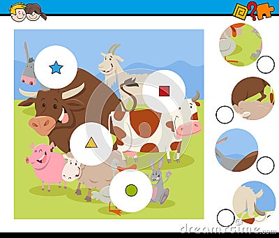 Match pieces activity with farm animals Vector Illustration