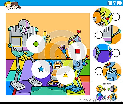 Match pieces game with cartoon robot characters Vector Illustration