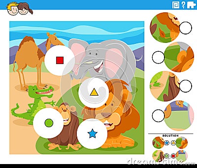 match the pieces game with cartoon wild animals Vector Illustration