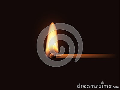 Match stick with flame, 3d realistic half burnt matchstick with bright hot flame Vector Illustration