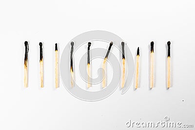 Match Stick Macro Detail Fire Symbol Safety White Isolated Background Charred Used Burned Burnt Black Wood Row Single Campfire Stock Photo