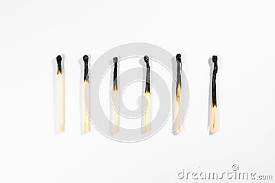 Match Stick Macro Detail Fire Symbol Safety White Isolated Background Charred Used Burned Burnt Black Wood Row Single Campfire Stock Photo