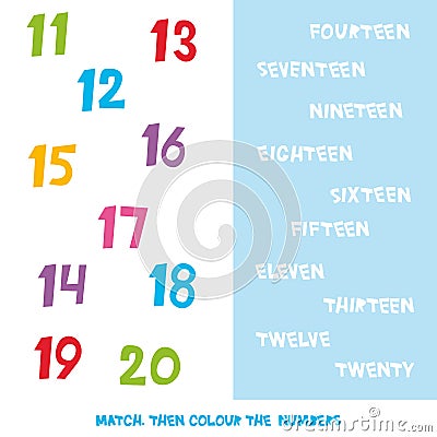 Match then colour the numbers 11 to 20. Kids words learning game, worksheets with simple colorful graphics. children educational L Vector Illustration