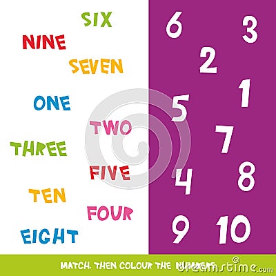 Match then colour the numbers 1 to 10. Kids words learning game, worksheets with simple colorful graphics. children educational Le Vector Illustration