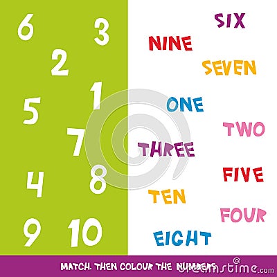Match then colour the numbers 1 to 10. Kids words learning game, worksheets with simple colorful graphics. children educational Le Vector Illustration