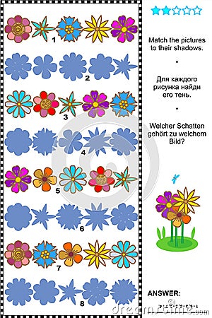 Match to shadow flowerheads rows visual puzzle Vector Illustration