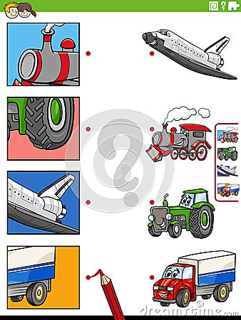 match vehicles and clippings educational game Vector Illustration