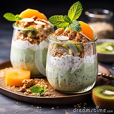 Matcha Chia Seed Puddings Stock Photo