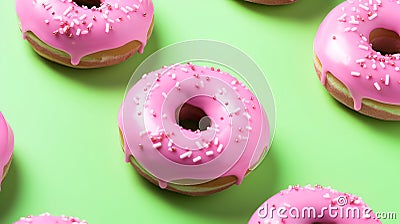 Matcha donuts. Pink matcha donuts on green background. Homemade matcha doughnuts covered with pink matcha powder graze, matcha Stock Photo