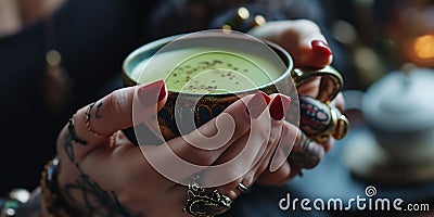 Matcha Elegance: Tattooed Fingers, Rings, and Red Nails Frame a Cup of Nutrient-Packed Latte, Creating a Modern Stock Photo