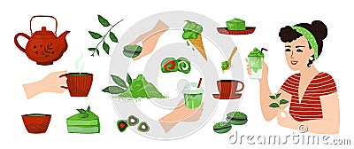 Matcha food. Cartoon girl with trendy Japanese tea drink and green powder desserts. Teapot and cups. Glasses of latte Vector Illustration