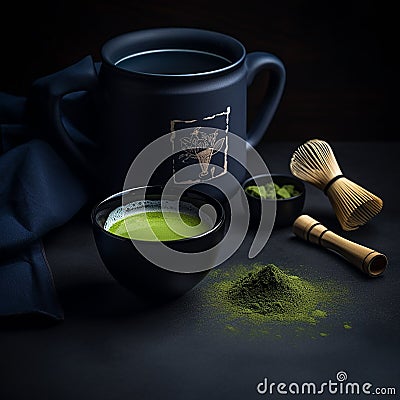 Matcha green tea on a black background, close-up, healthy foods, drinks, Stock Photo