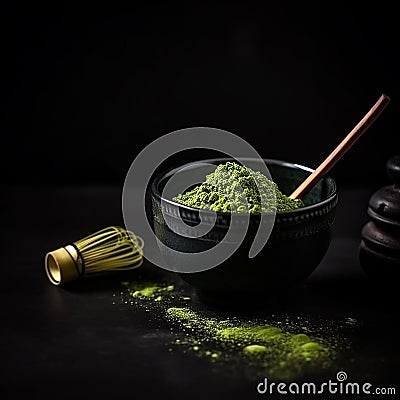 Matcha green tea on a black background, close-up, healthy foods, drinks, Stock Photo