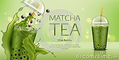 Matcha green tea with bubbles and ice cubes mockup Vector Illustration