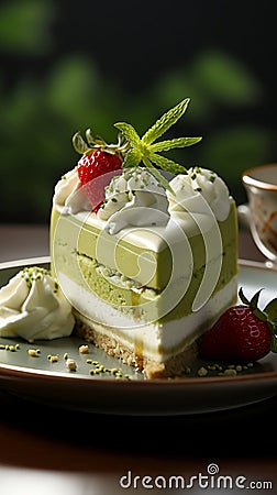 Matcha green tea cheesecake. side closeup view Stock Photo