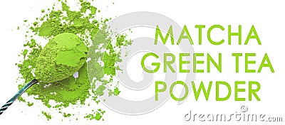 Matcha green tea header isolated on a white background. Site design. Healthy drinks, weightloss remedy,flatlay,top view Stock Photo