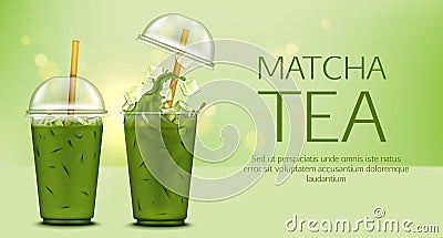 Matcha green tea with ice cubes in takeaway cup Vector Illustration