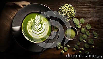 Matcha green tea with latte art foam in cup with powder on dark wooden table, latte art, hot green tea, milk, soy milk, Morning Stock Photo