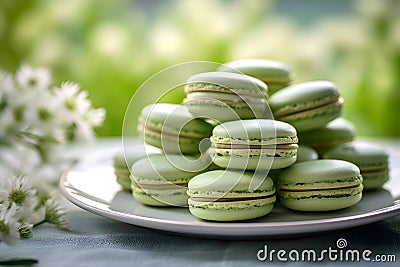 Matcha green tea macaroons on a plate with a branch of whiye flowers over a natural blurred background. Pistachio macarons with Stock Photo