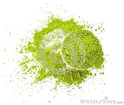 Matcha Green Tea Powder Diffuse on a white background. Top view Stock Photo