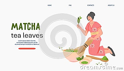 Matcha green tea website banner template with woman brewing tea, flat vector Vector Illustration