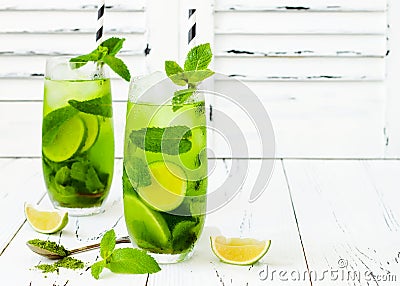 Matcha iced green tea with lime and fresh mint on white rustic background. Super food drink. Stock Photo