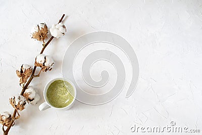 Matcha latte in white cup next to dried cotton branch Stock Photo