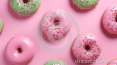 Matcha powder donuts. Pink and green matcha donuts on trendy pink background. Homemade matcha doughnuts covered with shiny green Stock Photo