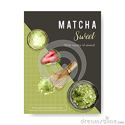 Matcha sweet poster design with Daifuku, bowl, matcha powder watercolor illustration Cartoon Illustration