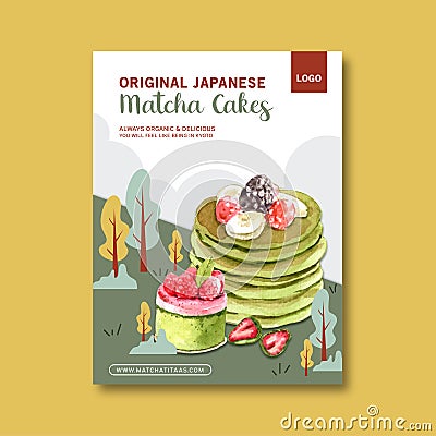 Matcha sweet poster design with pancake, strawberry, banana watercolor illustration Cartoon Illustration