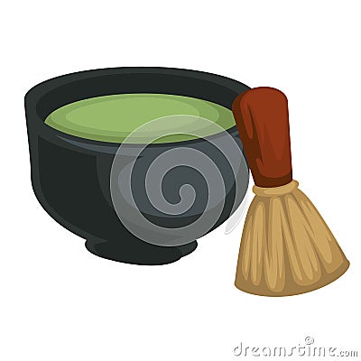 Matcha tea in bowl and bamboo whisk Japanese powder drink Vector Illustration