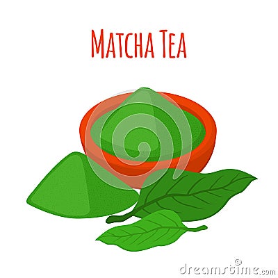 Matcha tea - japaneese drink. Powder, leaves of asian tea Vector Illustration