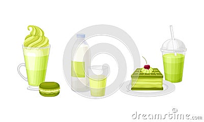 Matcha tea products set. Healthy green delicious desserts and beverages vector illustration Vector Illustration