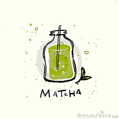 Matcha. Vector doodle illustration of matcha drink in funny jar. Vector Illustration