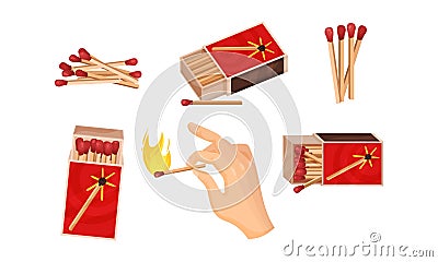 Matchboxes with Matches Inside and with Hand Striking a Match Vector Set Vector Illustration