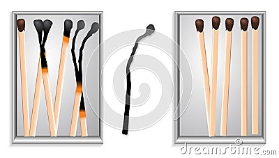 Matches ignite burn mockup set realistic. opened blank box of brown matches with burned. Vector Illustration
