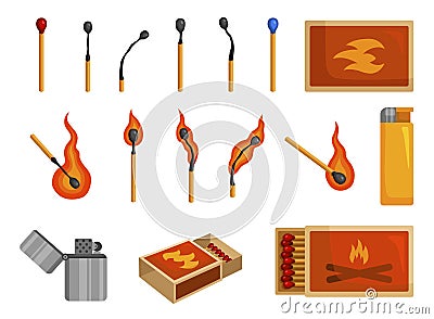 Matches light, matchbox and lighter to create fire Vector Illustration