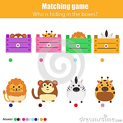 Matching children education game, kids activity. Match animals with box Vector Illustration