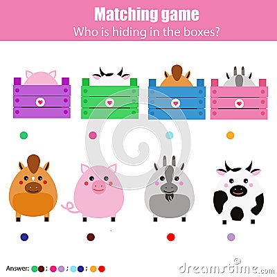 Matching children education game, kids activity. Match animals with box Vector Illustration