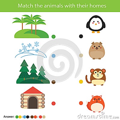 Matching children education game. Match animals with their homes Vector Illustration