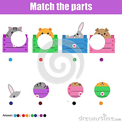 Matching children educational game. Kids activity. Match animals parts Vector Illustration