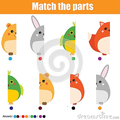 Matching children educational game. Kids activity. Match animals parts Vector Illustration
