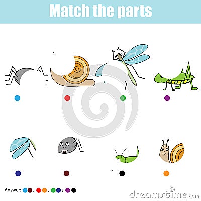 Matching children educational game. Kids activity. Match insects parts. Find missing puzzle Vector Illustration