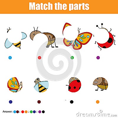 Matching children educational game. Kids activity. Match insects parts. Find missing puzzle Vector Illustration