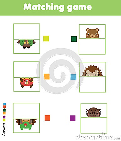 Matching children educational game. Kids activity. Match animals parts Vector Illustration