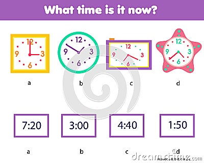 Matching children educational game. Match clock and time numbers. Learning hours and minutes Vector Illustration