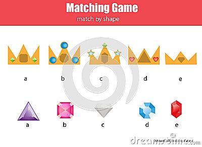 Matching children educational game. Match crowns and diamonds, learning geometric shapes kids activity Vector Illustration