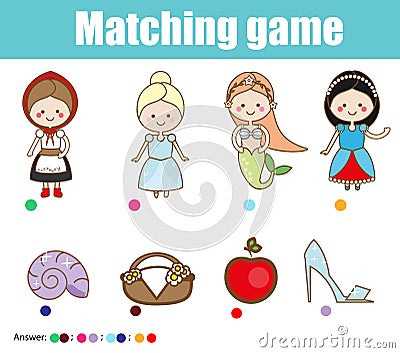 Matching children educational game. Match fairy tales princess with objects Vector Illustration
